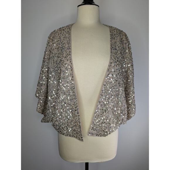 Halogen Open Front Neutral Gold Sequin Cardigan Shrug Women's Size Large P - Picture 2 of 9
